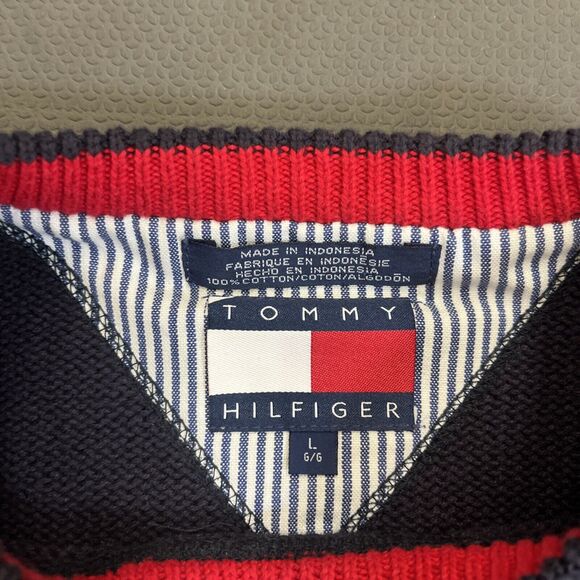 Tommy Hilfiger Vintage Navy Blue Rib Knit Pullover Sweater Mens Large Logo Chrty - Picture 6 of 15